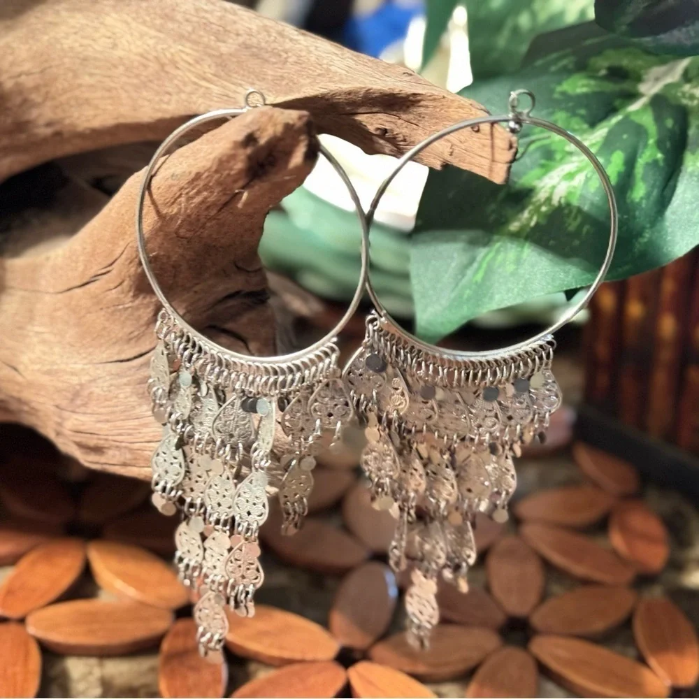Silver Hoop Chandelier Earrings with Dangle Charms